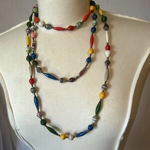 Hand Made Beaded Necklace Made out of Recycled Paper. Fair Trade. Long, 30 inch